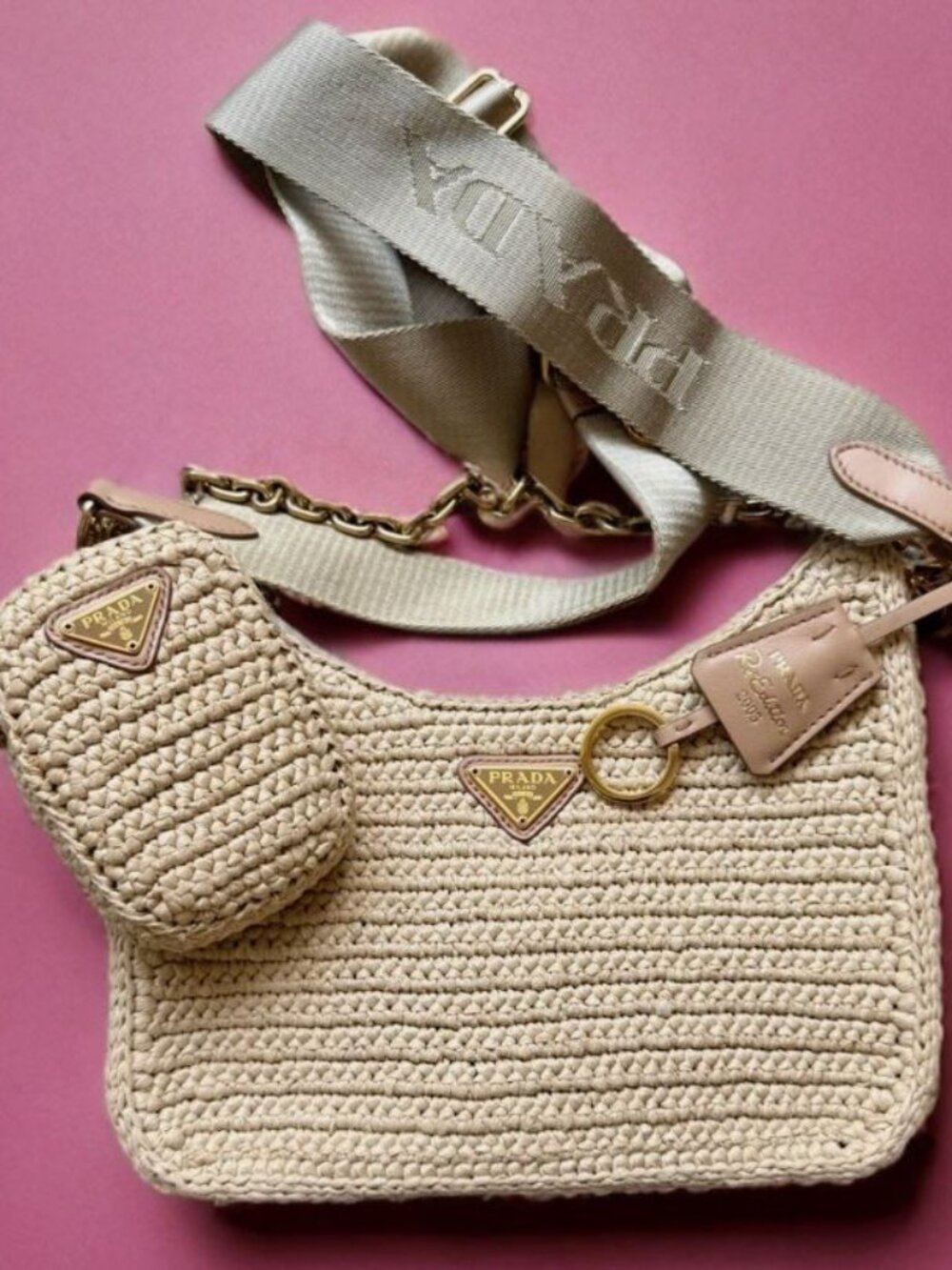 Prada Raffia Re-Edition 2005 Shoulder Bag Crossbody Beige Gold Tone Chain